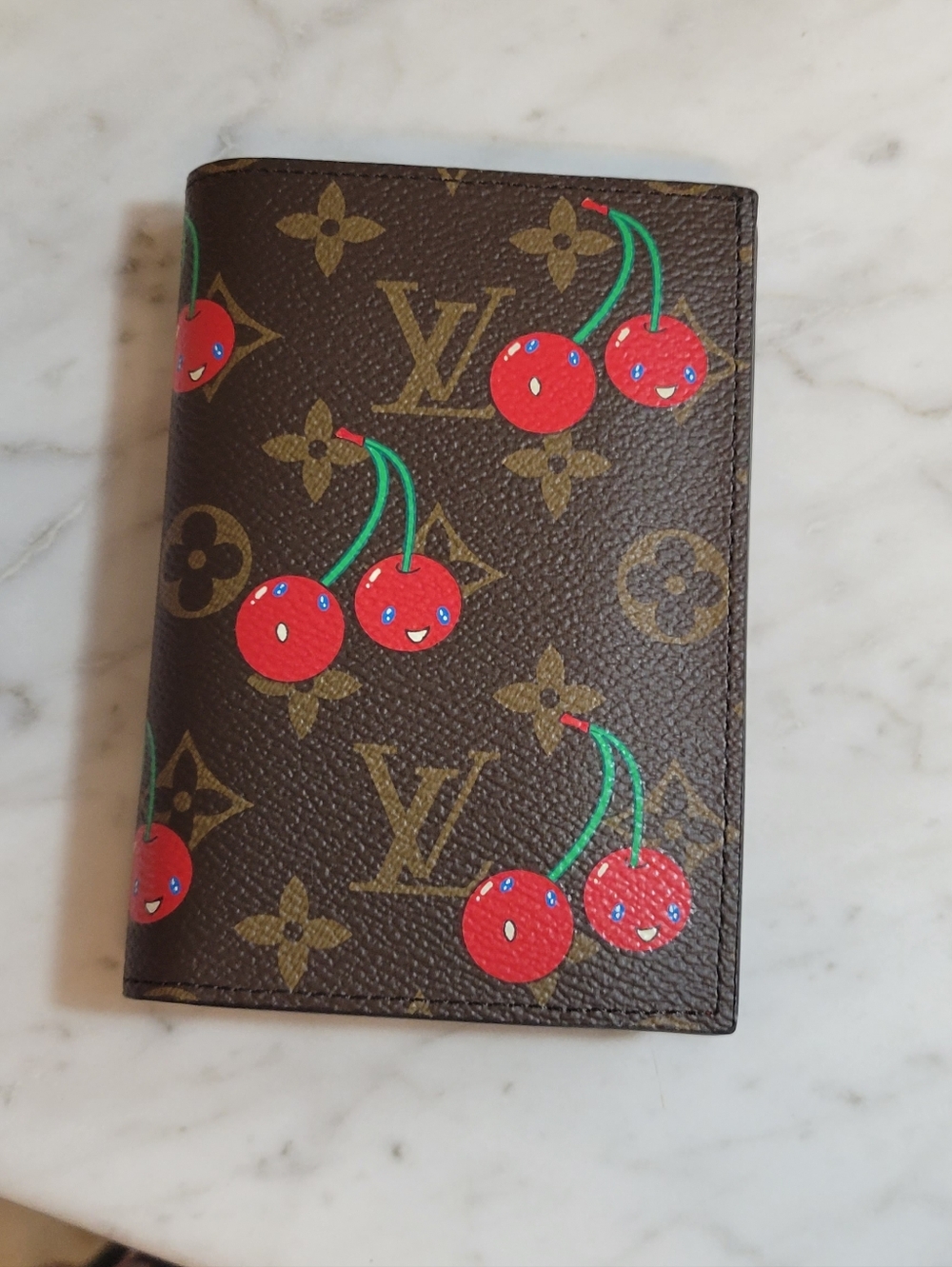 Fashion Monogram Cherry Passport Holder — Brown with Red Accent